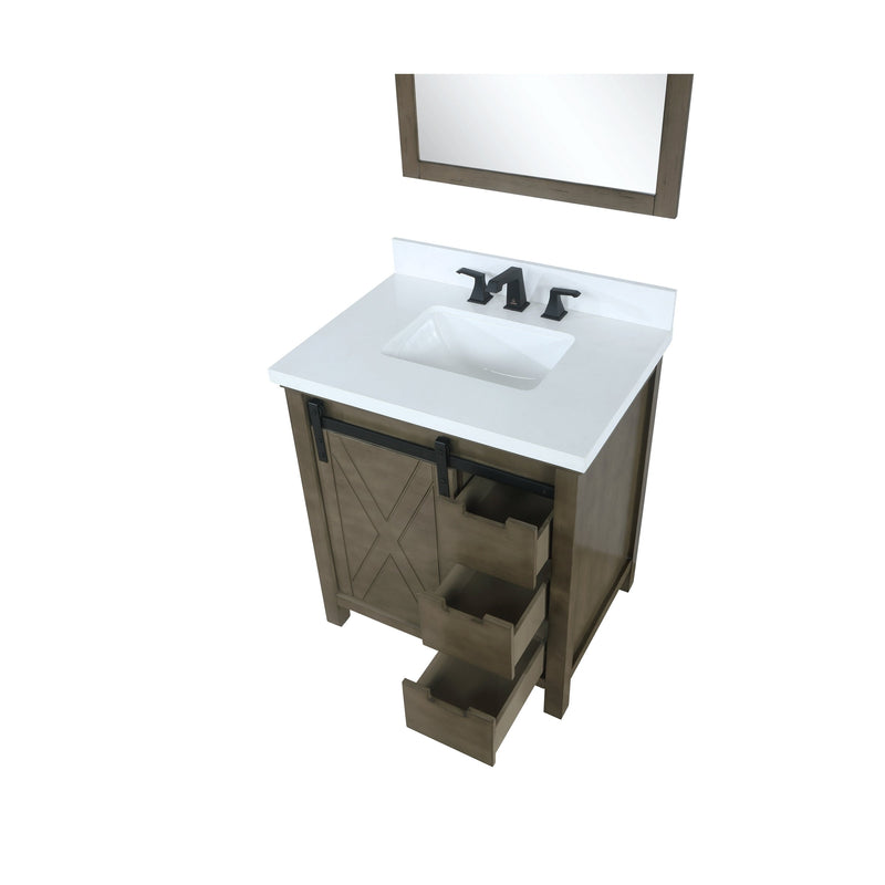 Lexora Marsyas 30" Rustic Brown Single Vanity, White Quartz Top, White Square Sink and 28" Mirror LM342230SKCSM28