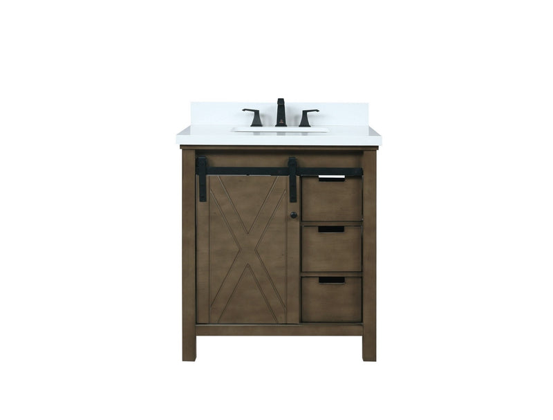 Lexora Marsyas 30" Rustic Brown Single Vanity, White Quartz Top, White Square Sink and no Mirror LM342230SKCS000