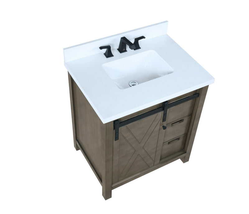 Lexora Marsyas 30" Rustic Brown Single Vanity, White Quartz Top, White Square Sink and no Mirror LM342230SKCS000