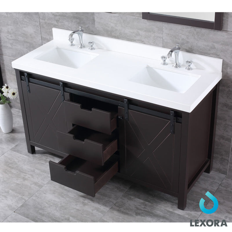 Lexora Marsyas 60" Brown Double Vanity, White Quartz Top, White Square Sinks and no Mirror LM342260DCCS000