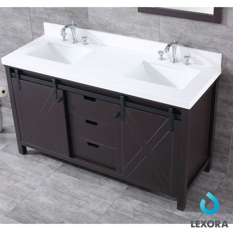 Lexora Marsyas 60" Brown Double Vanity, White Quartz Top, White Square Sinks and no Mirror LM342260DCCS000