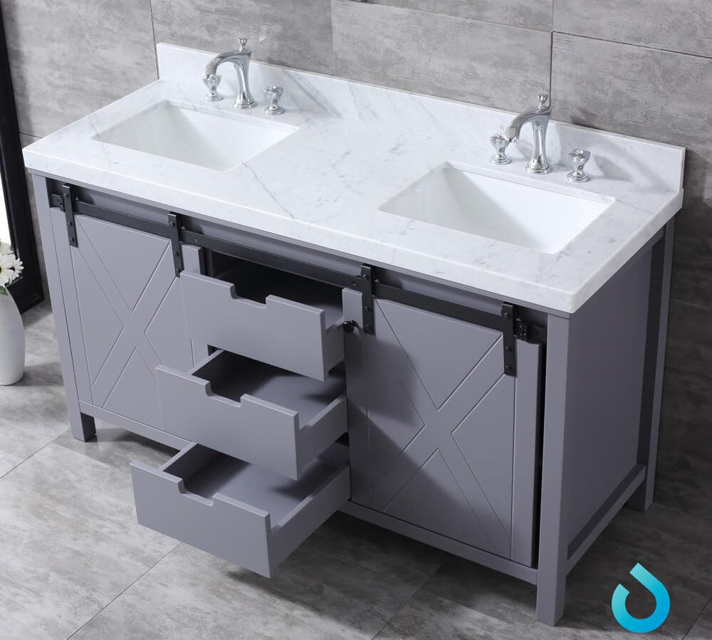 Lexora Marsyas 60" Dark Grey Double Vanity, White Carrara Marble Top, White Square Sinks and no Mirror LM342260DBBS000 - MyBBQDirect
