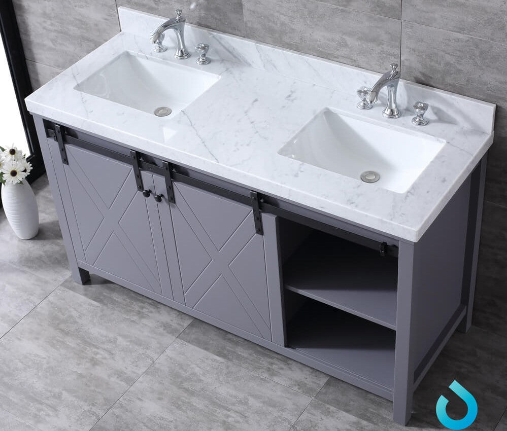 Lexora Marsyas 60" Dark Grey Double Vanity, White Carrara Marble Top, White Square Sinks and no Mirror LM342260DBBS000 - MyBBQDirect
