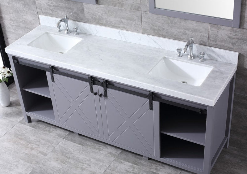 Lexora Marsyas 80" Dark Grey Double Vanity, White Carrara Marble Top, White Square Sinks and no Mirror LM342280DBBS000