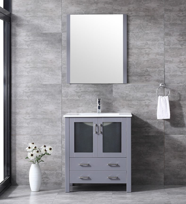 Lexora Volez 30" Dark Grey Single Vanity, Integrated Top, White Integrated Square Sink and 28" Mirror LV341830SBESM28