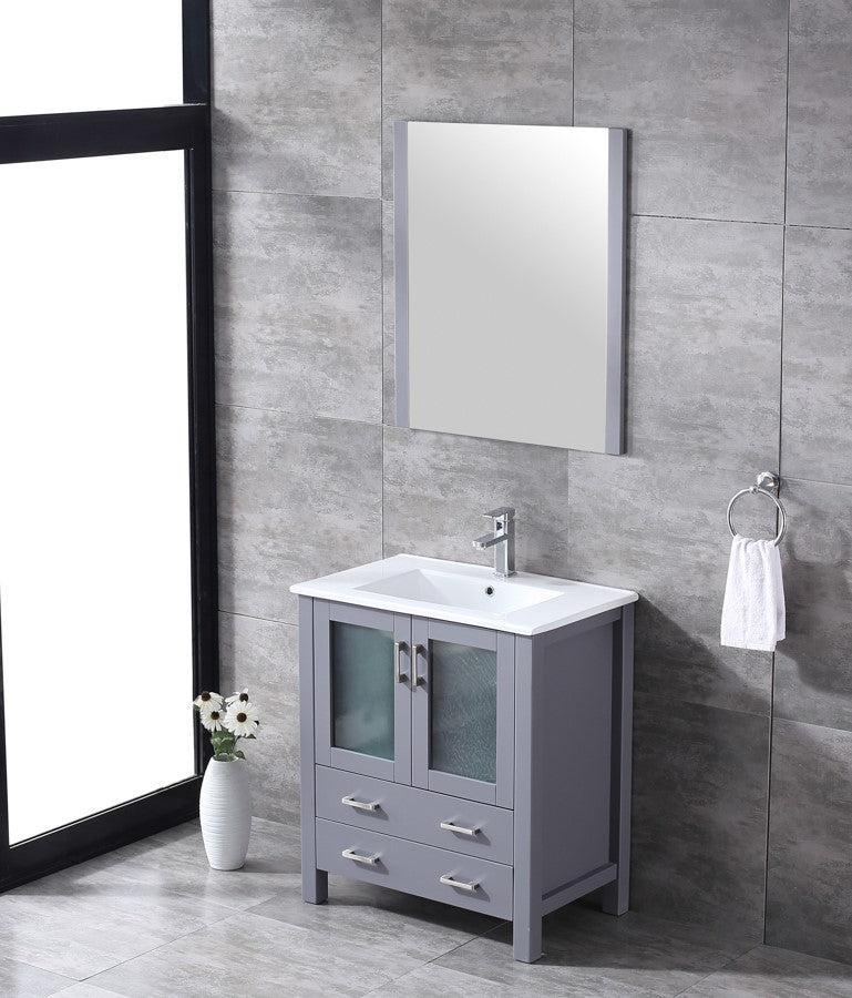 Lexora Volez 30" Dark Grey Single Vanity, Integrated Top, White Integrated Square Sink and 28" Mirror LV341830SBESM28