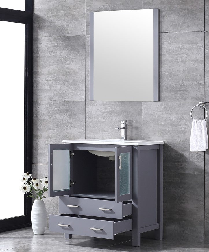 Lexora Volez 30" Dark Grey Single Vanity, Integrated Top, White Integrated Square Sink and 28" Mirror LV341830SBESM28