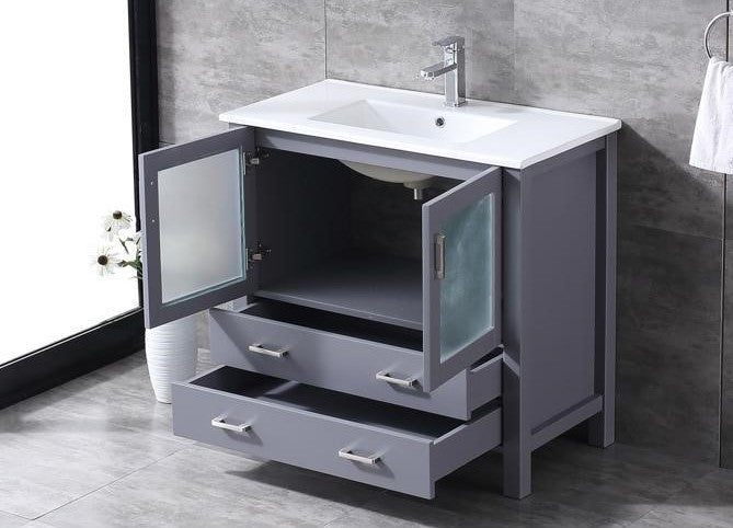 Lexora Volez 36" Dark Grey Single Vanity, Integrated Top, White Integrated Square Sink and 34" Mirror LV341836SBESM34