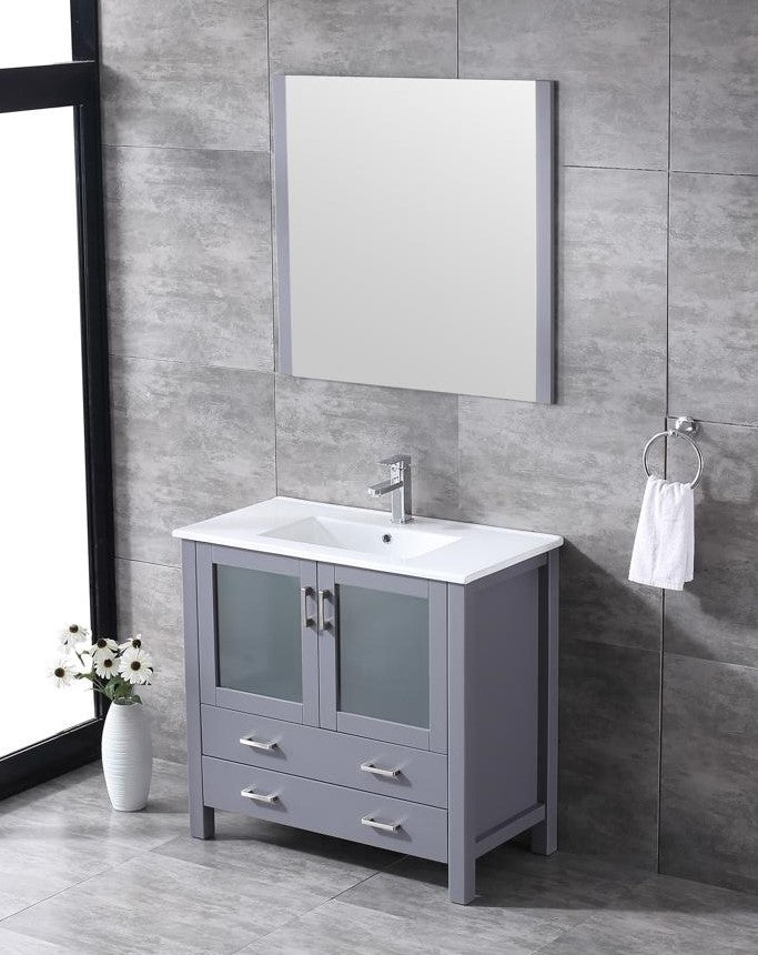 Lexora Volez 36" Dark Grey Single Vanity, Integrated Top, White Integrated Square Sink and 34" Mirror LV341836SBESM34