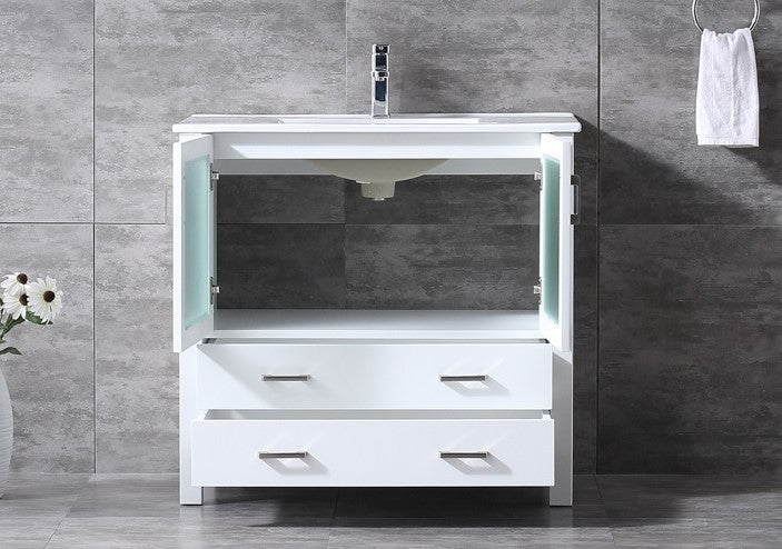 Lexora Volez 36" White Single Vanity, Integrated Top, White Integrated Square Sink and no Mirror LV341836SAES000