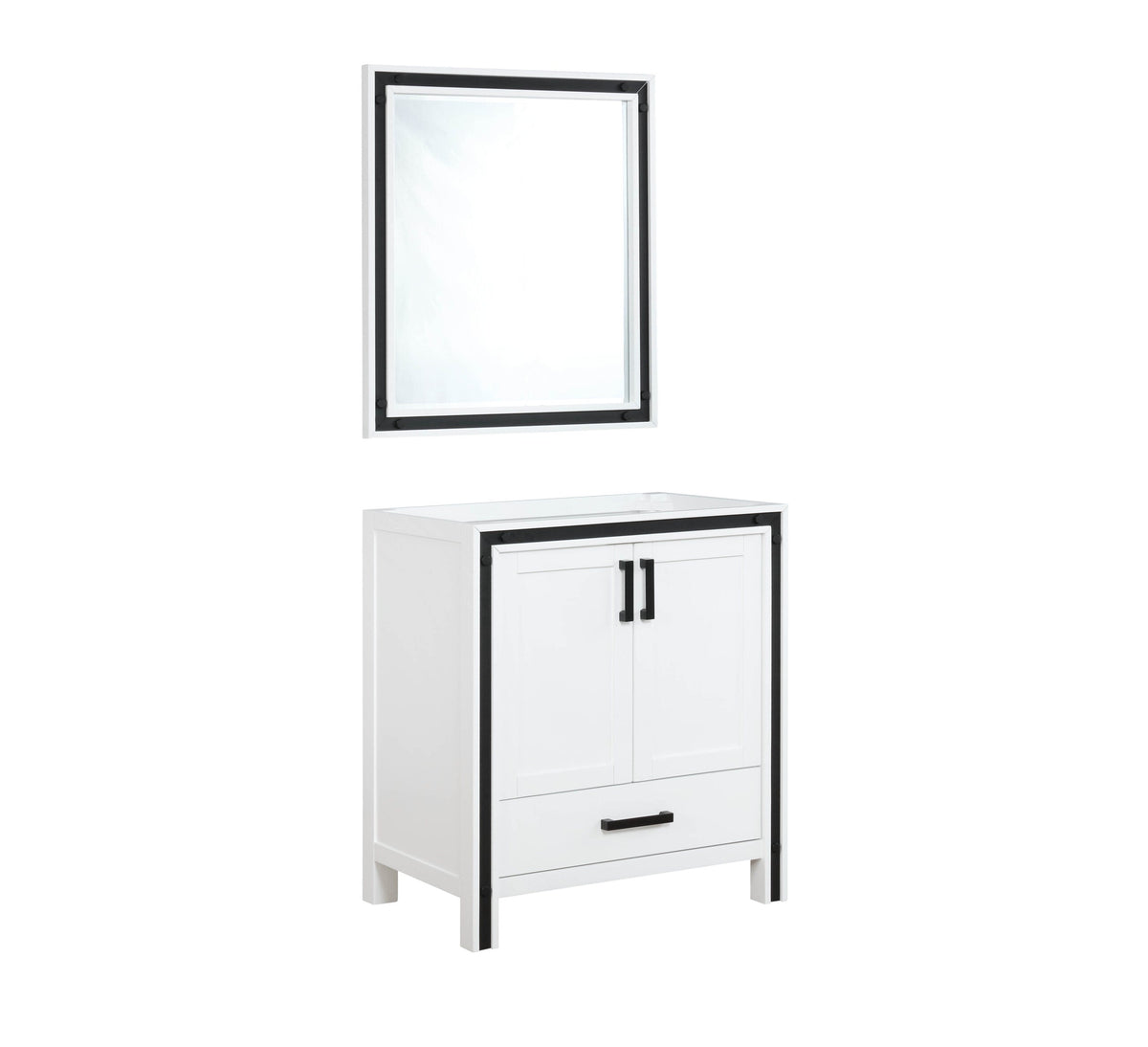 Lexora Ziva 30" White Single Vanity, no Top and 28" Mirror LZV352230SA00M28 - MyBBQDirect