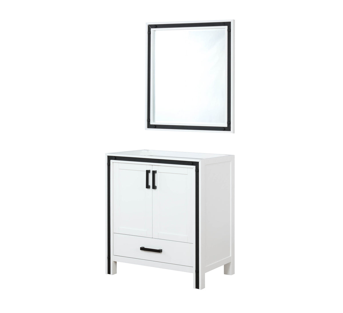 Lexora Ziva 30" White Single Vanity, no Top and 28" Mirror LZV352230SA00M28 - MyBBQDirect