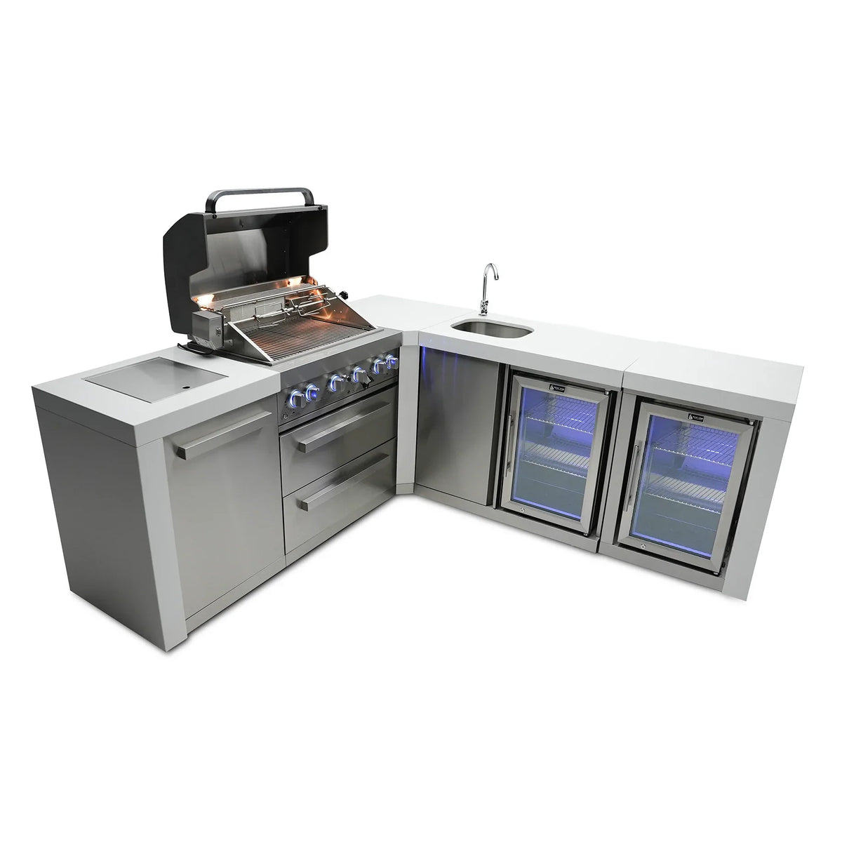 Mont Alpi 400 Deluxe BBQ Grill Island with 90 Degree Corner Beverage Center and Fridge - MAi400-D90BEVFC - MyBBQDirect