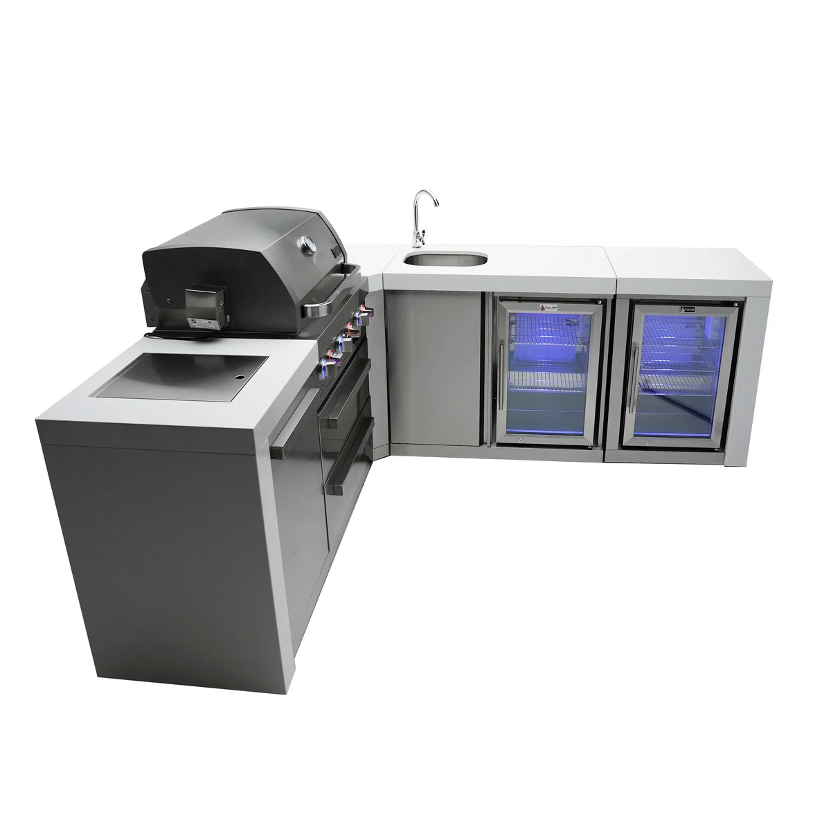 Mont Alpi 400 Deluxe BBQ Grill Island with 90 Degree Corner Beverage Center and Fridge - MAi400-D90BEVFC - MyBBQDirect