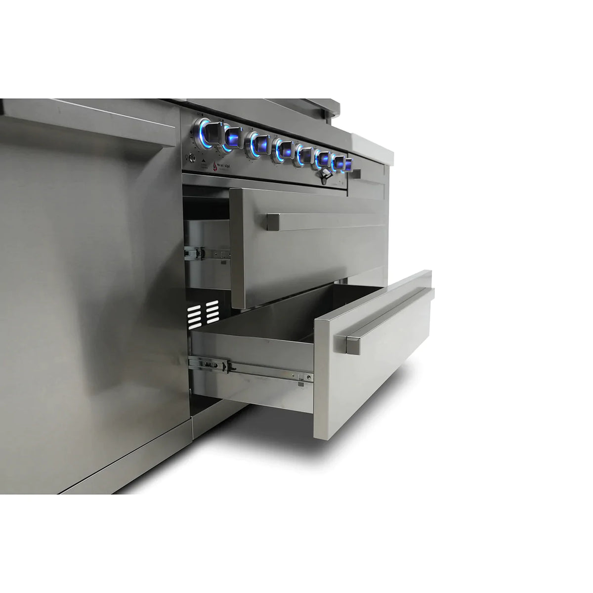Mont Alpi 400 Deluxe BBQ Grill Island with 90 Degree Corner Beverage Center and Fridge - MAi400-D90BEVFC - MyBBQDirect