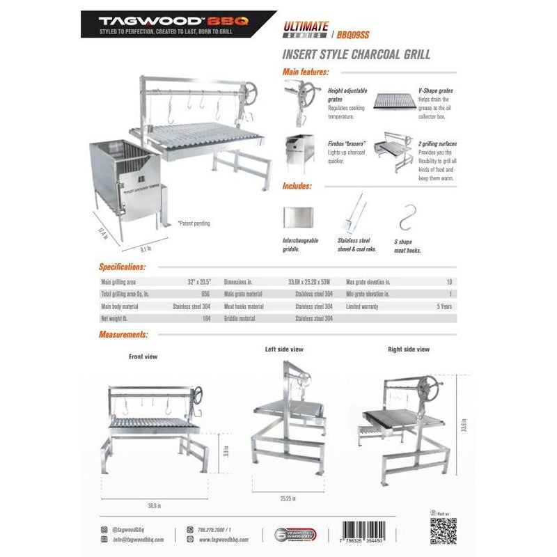 Tagwood BBQ Insert Style Argentine Santa Maria Wood Fire & Charcoal Grill without firebricks | BBQ09SS -