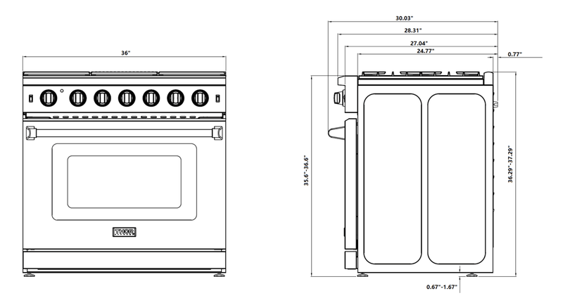 Thor Kitchen 2-Piece Appliance Package - 36-Inch Gas Range with Tilt Panel & Premium Under Cabinet Hood in Stainless Steel