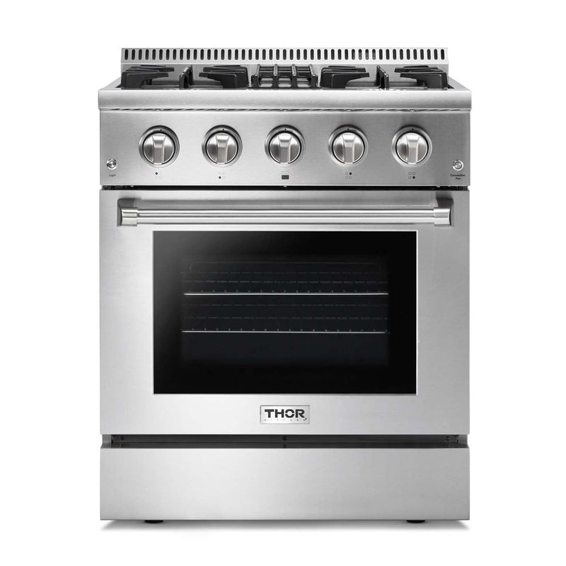 Thor Kitchen 2-Piece Pro Appliance Package - 30-Inch Dual Fuel Range & Premium Wall Mount Hood in Stainless Steel