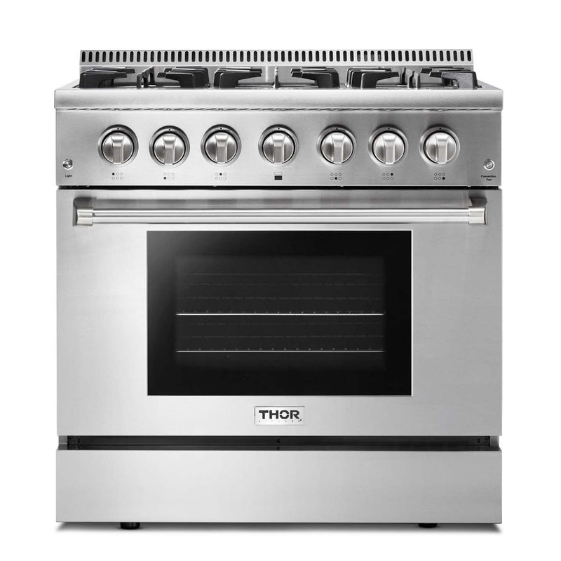 Thor Kitchen 2-Piece Pro Appliance Package - 36-Inch Dual Fuel Range & Pro-Style Wall Mount Hood in Stainless Steel