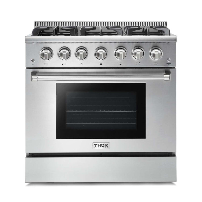 Thor Kitchen 2-Piece Pro Appliance Package - 36-Inch Gas Range & Pro-Style Wall Mount Hood in Stainless Steel