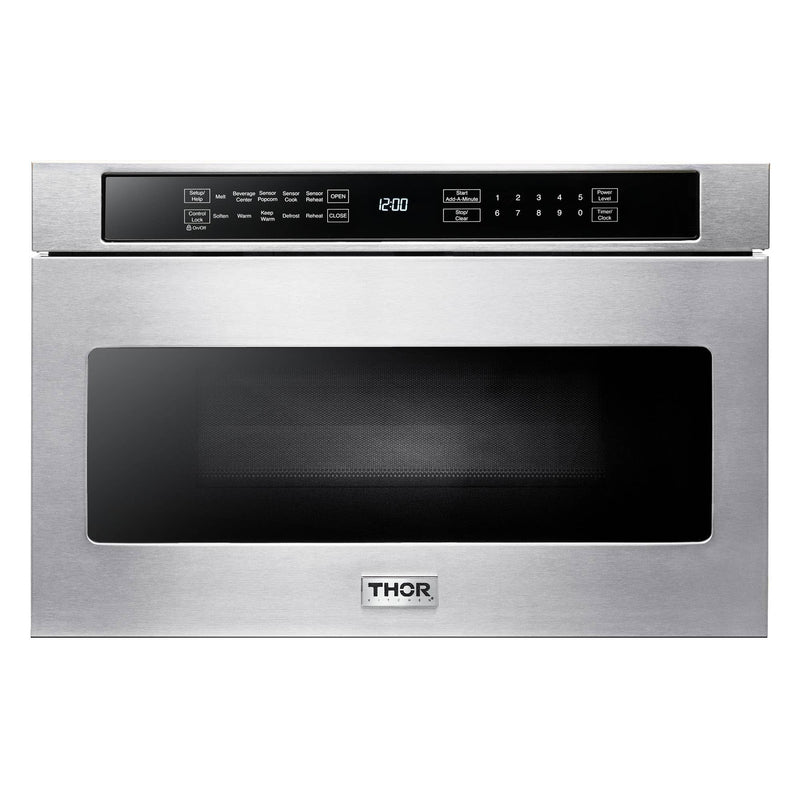 Thor Kitchen 6-Piece Appliance Package - 36-Inch Electric Range, Under Cabinet Range Hood, Refrigerator with Water Dispenser, Dishwasher, Microwave, and Wine Cooler in Stainless Steel