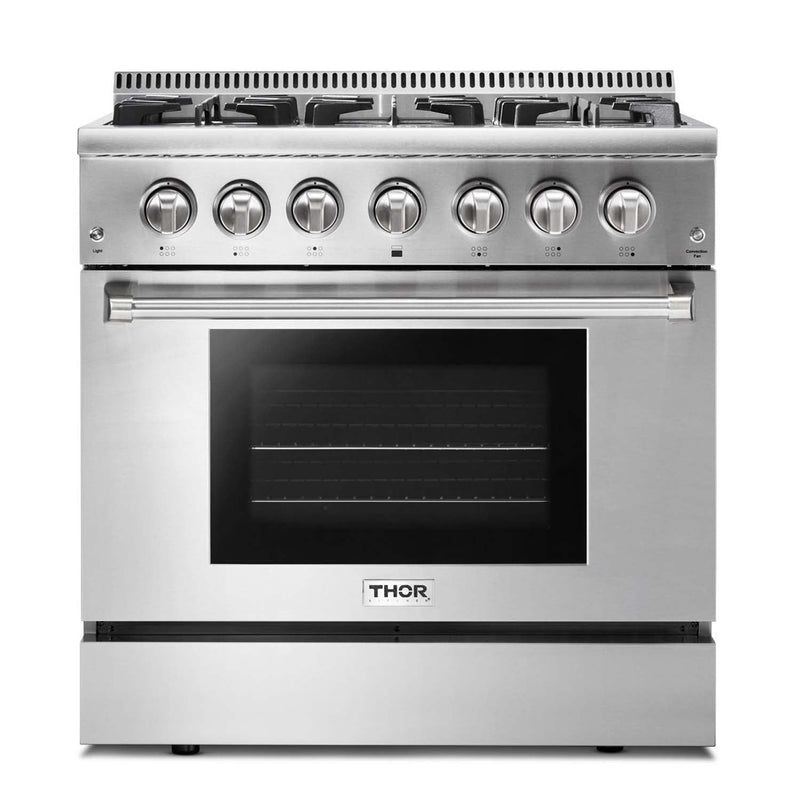 Thor Kitchen 4-Piece Pro Appliance Package - 36-Inch Dual Fuel Range, Refrigerator with Water Dispenser, Under Cabinet Hood & Dishwasher in Stainless Steel