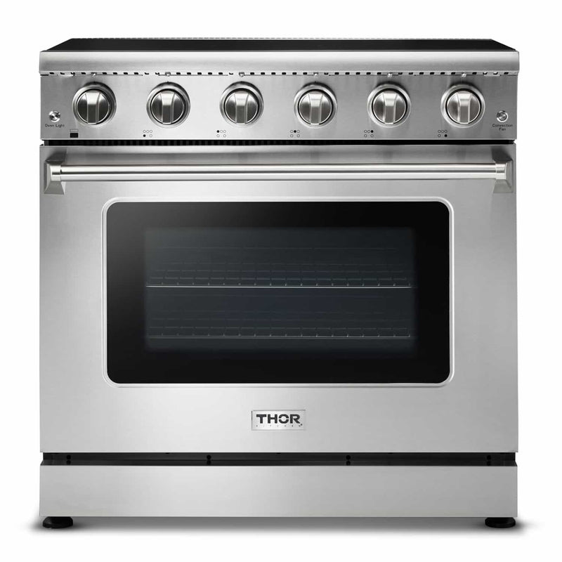 Thor Kitchen 5-Piece Appliance Package - 36-Inch Electric Range, Refrigerator with Water Dispenser, Wall Mount Hood, Dishwasher, & Wine Cooler in Stainless Steel