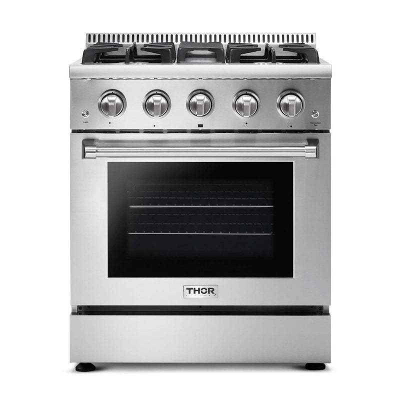 Thor Kitchen 5-Piece Pro Appliance Package - 30-Inch Gas Range, Refrigerator, Under Cabinet Hood, Dishwasher, and Microwave Drawer in Stainless Steel