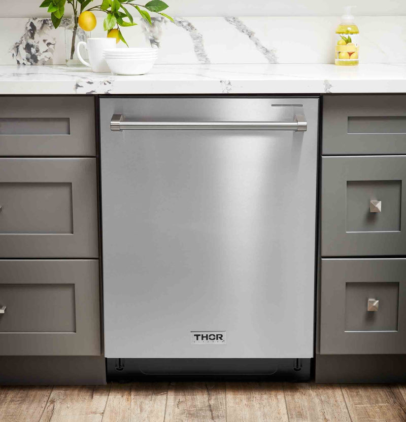 Thor Kitchen 5-Piece Pro Appliance Package - 36-Inch Gas Range, Refrigerator with Water Dispenser, Under Cabinet Hood, Dishwasher, & Microwave Drawer in Stainless Steel