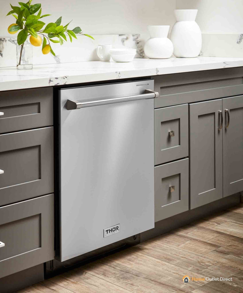 Thor Kitchen 5-Piece Pro Appliance Package - 48-Inch Gas Range, French Door Refrigerator, Dishwasher, Under Cabinet 16.5-Inch Tall Hood & Wine Cooler in Stainless Steel