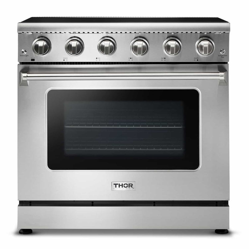 Thor Kitchen 6-Piece Appliance Package - 36-Inch Electric Range, Refrigerator with Water Dispenser, Under Cabinet Hood, Dishwasher, Microwave Drawer, & Wine Cooler in Stainless Steel