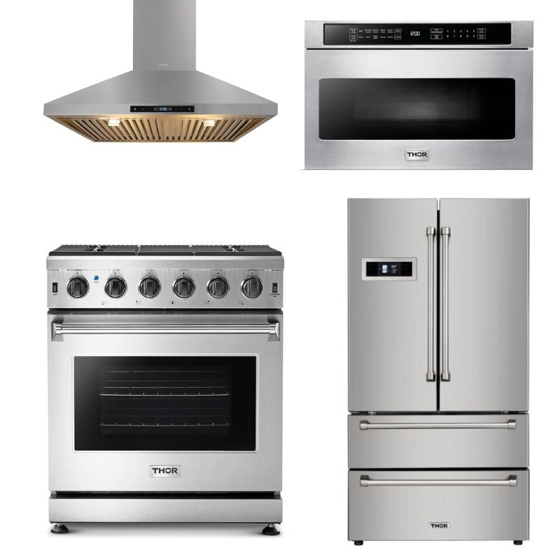 Thor Kitchen Appliance 30 in. Gas Range, Range Hood, Microwave Drawer and Refrigerator - TMD-LRG3001U - MyBBQDirect