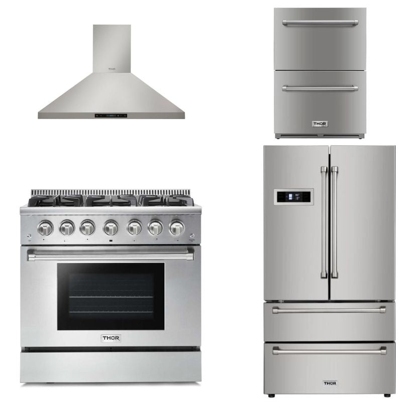 Thor Kitchen Appliance 36 in. Gas Range, Range Hood, Refrigerator & Double Drawer Refrigerator Professional Package - TRF-HRG3618U-2401U - MyBBQDirect