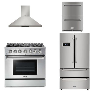 Thor Kitchen Appliance 36 in. Gas Range, Range Hood, Refrigerator & Double Drawer Refrigerator Professional Package - TRF-HRG3618U-2401U - MyBBQDirect