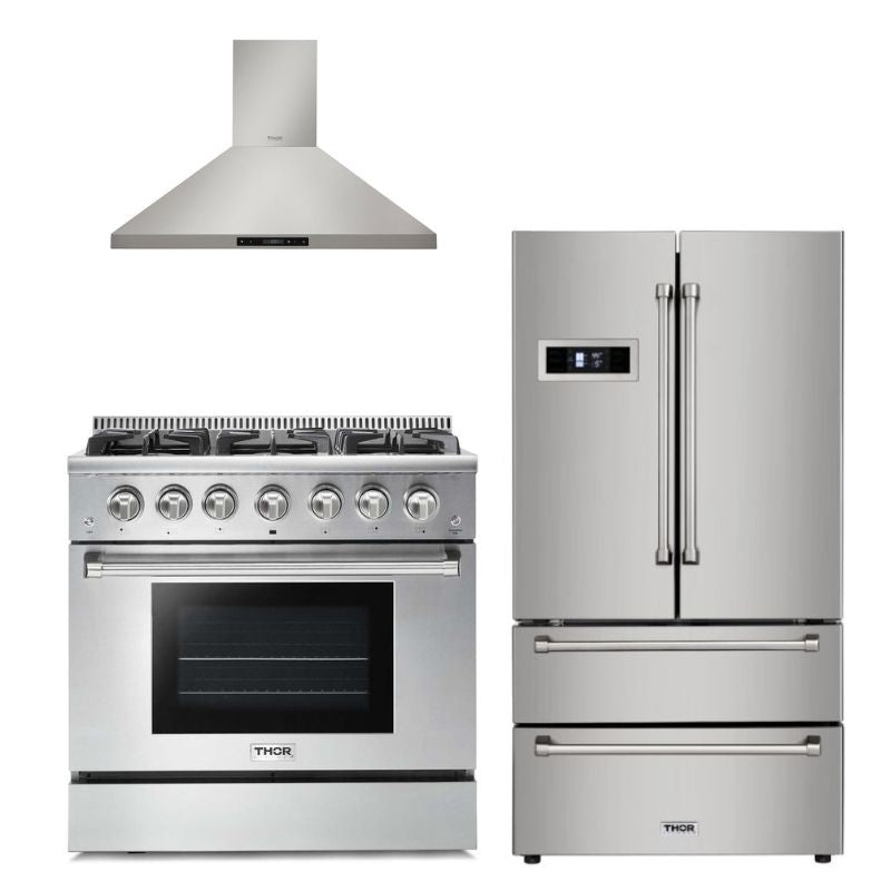 Thor Kitchen Appliance 36 in. Natural Gas Range, Range Hood & Refrigerator Professional Package - HRH-HRG3618U-3607 - MyBBQDirect