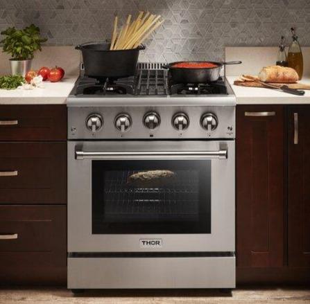 Thor Kitchen Appliance Package - 30 in. Gas Burner/Electric Oven Range, Range Hood, Microwave Drawer