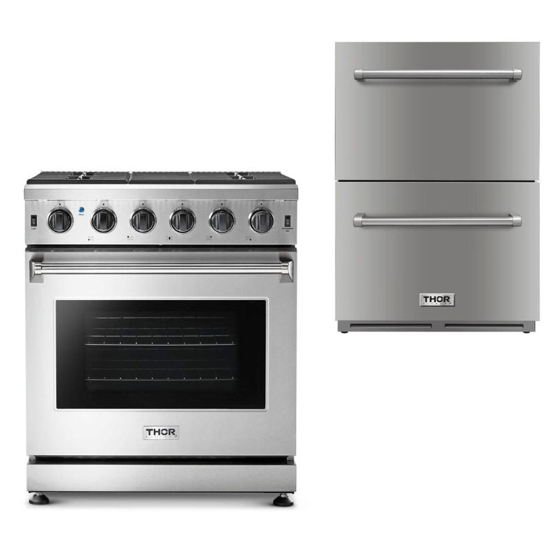 Thor Kitchen Appliance Package 30 in. Gas Range, Double Drawer Refrigerator - TRF-LRG3001U-2401U - MyBBQDirect