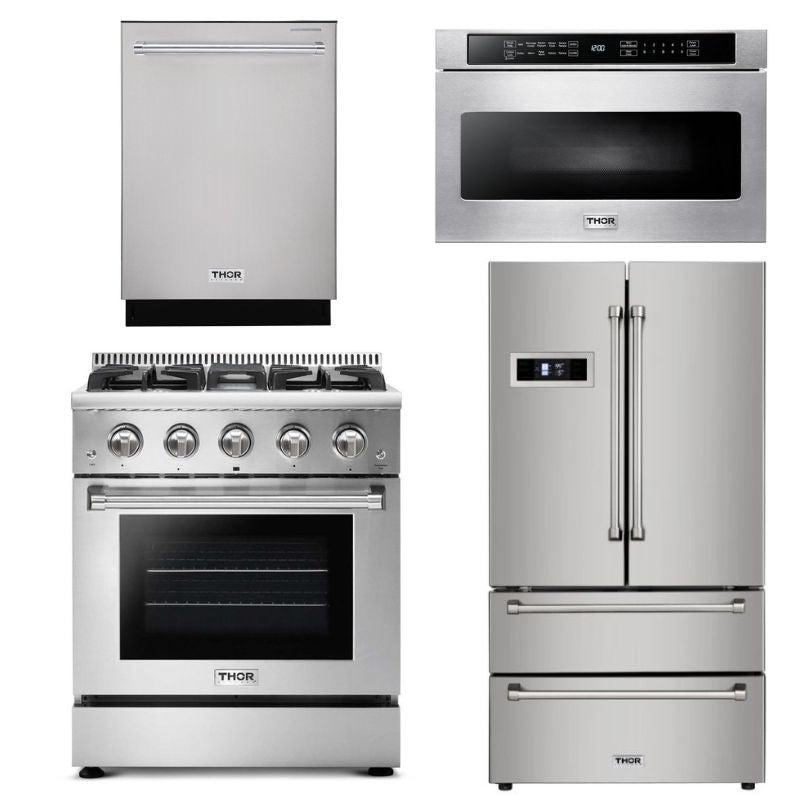 Thor Kitchen Appliance Package - 30 in. Gas Range, Microwave Drawer, Refrigerator & Dishwasher - TMD-HRG3080U-2401 - MyBBQDirect