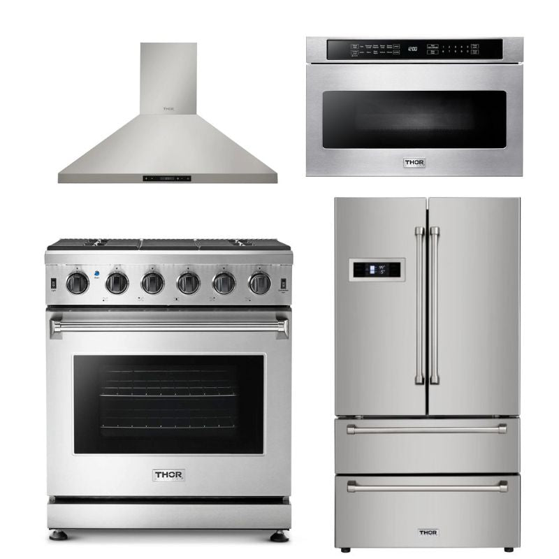 Thor Kitchen Appliance Package - 30 in. Natural Gas Range, Range Hood, Refrigerator, Microwave Drawer - TMD-LRG3001U-2401 - MyBBQDirect