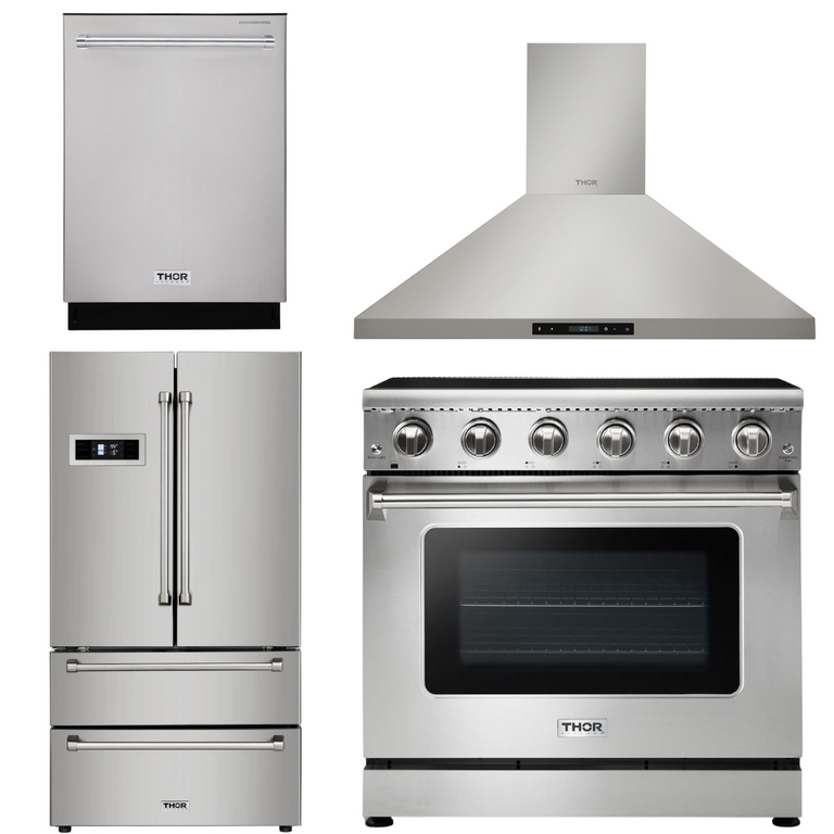 Thor Kitchen Appliance Package - 36 in. Electric Range, Range Hood, Refrigerator, Dishwasher 