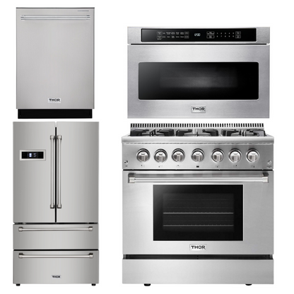 Thor Kitchen Appliance Package - 36 in. Gas Burner/Electric Oven Range, Microwave Drawer, Refrigerator, Dishwasher