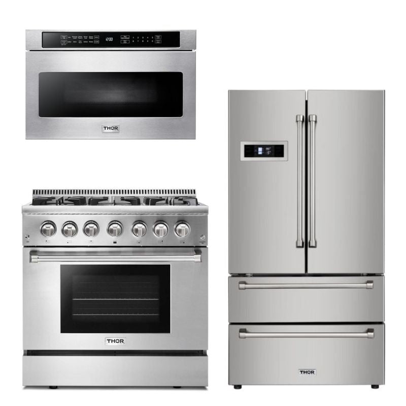 Thor Kitchen Appliance Package - 36 in. Gas Burner/Electric Oven Range, Microwave Drawer, Refrigerator - TMD-HRD3606U-2401 - MyBBQDirect