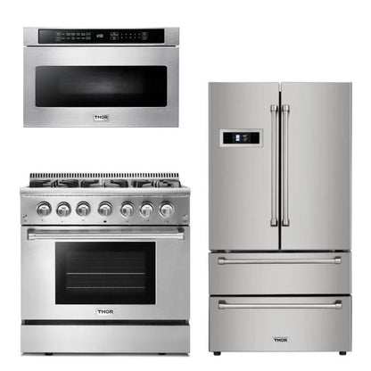 Thor Kitchen Appliance Package - 36 in. Gas Burner/Electric Oven Range, Microwave Drawer, Refrigerator - TMD-HRD3606U-2401 - MyBBQDirect