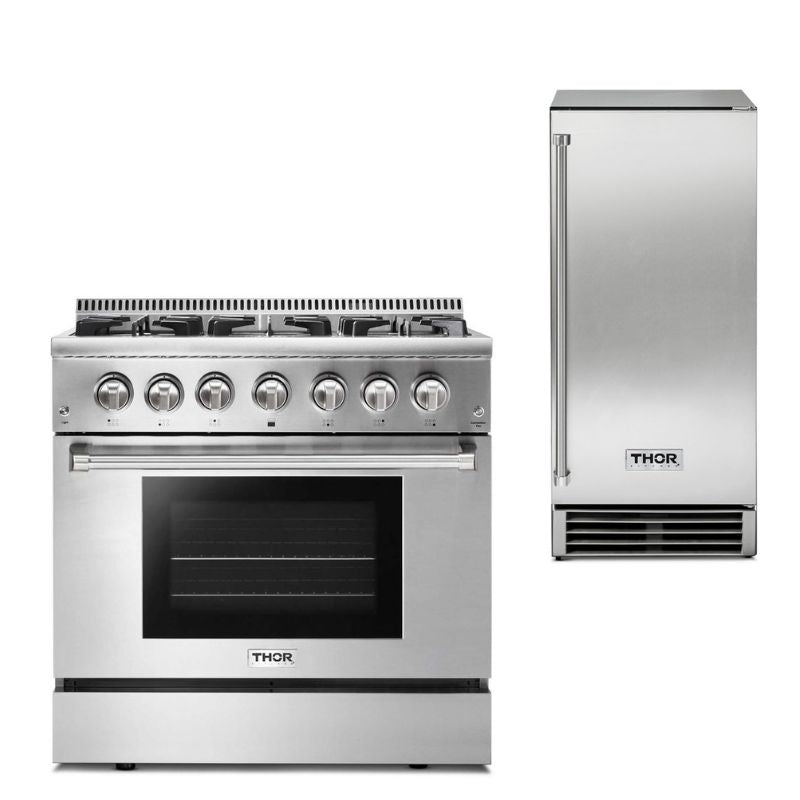 Thor Kitchen Appliance Package - 36 in. Gas Burner/Electric Oven Range & Ice Maker Package - TIM-HRD3606U-1501 - MyBBQDirect
