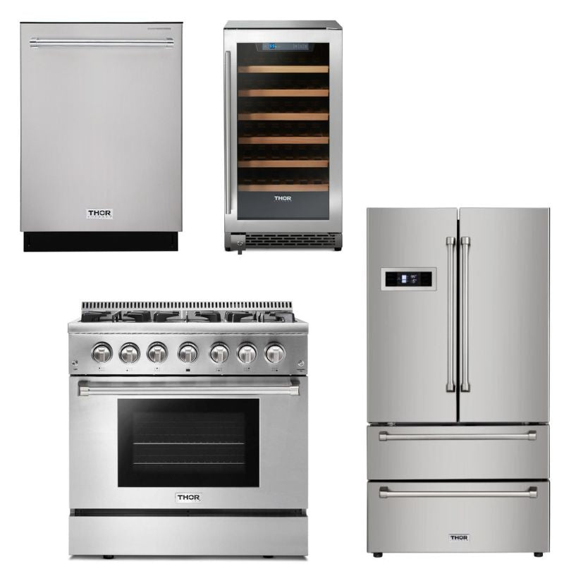 Thor Kitchen Appliance Package - 36 in. Gas Burner/Electric Oven Range, Wine Cooler, Dishwasher, Refrigerator - HWC-HRD3606U-2405U - MyBBQDirect