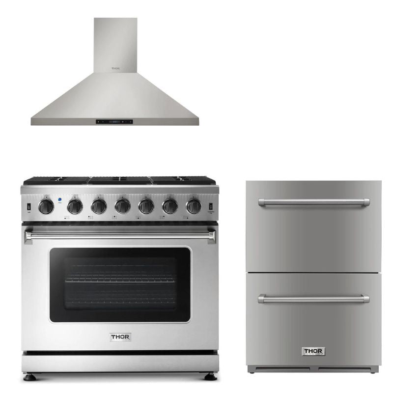 Thor Kitchen Appliance Package 36 in. Gas Range, 36 in. Range Hood, Double Drawer Refrigerator - TRF-LRG3601U-2401U - MyBBQDirect