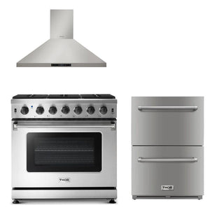 Thor Kitchen Appliance Package 36 in. Gas Range, 36 in. Range Hood, Double Drawer Refrigerator - TRF-LRG3601U-2401U - MyBBQDirect