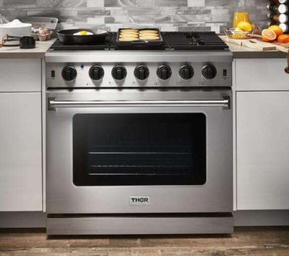 Thor Kitchen Appliance Package 36 in. Gas Range, 36 in. Range Hood, Double Drawer Refrigerator - TRF-LRG3601U-2401U - MyBBQDirect
