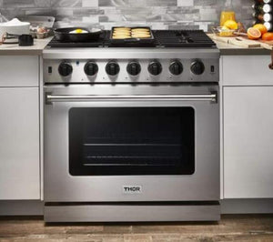 Thor Kitchen Appliance Package 36 in. Gas Range, 36 in. Range Hood, Double Drawer Refrigerator - TRF-LRG3601U-2401U - MyBBQDirect