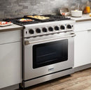 Thor Kitchen Appliance Package - 36 in. Gas Range, Range Hood, Refrigerator, Microwave Drawer - TMD-LRG3601U-2401